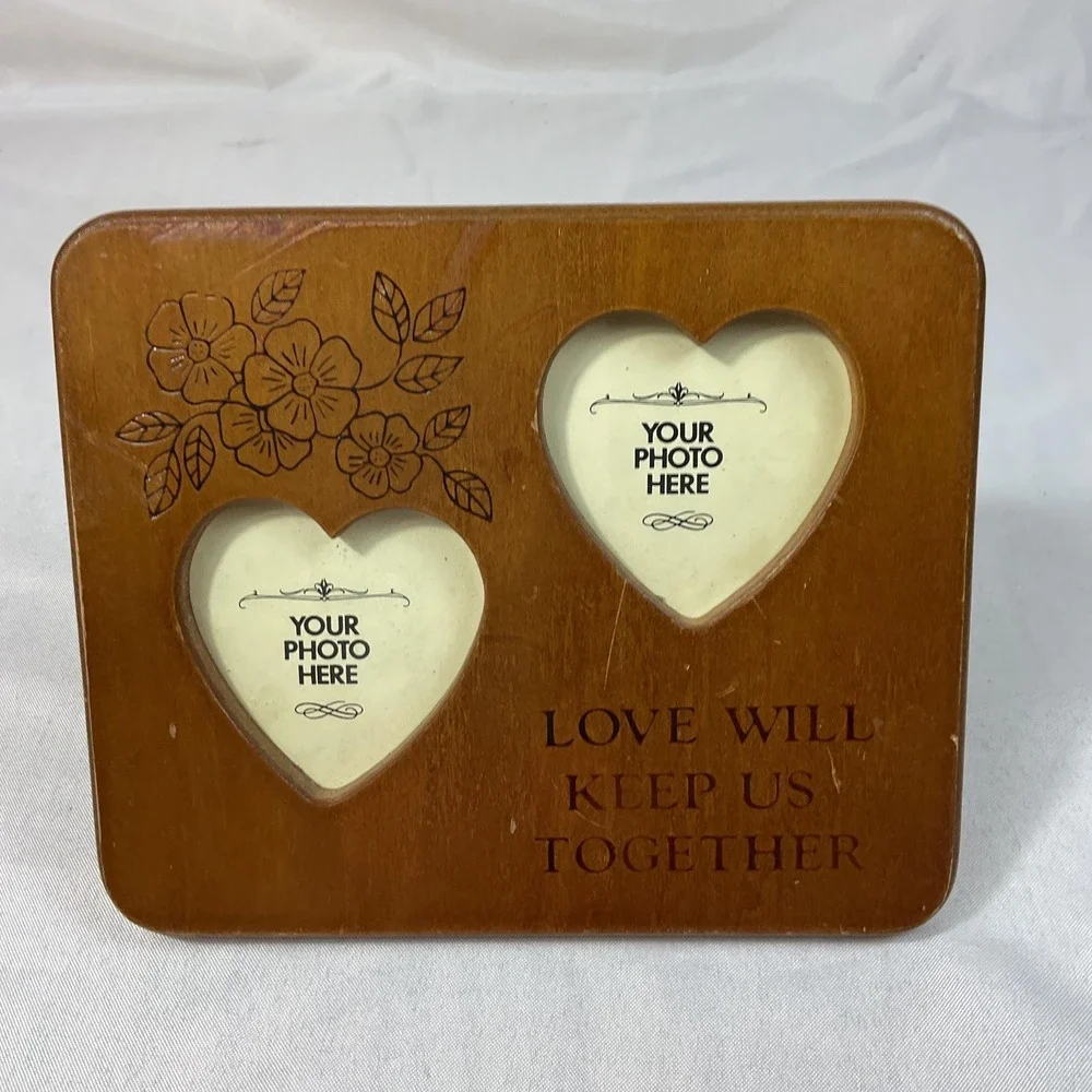 Wooden Double Heart Photo Frame Love Will Keep Us Together Floral VTG
